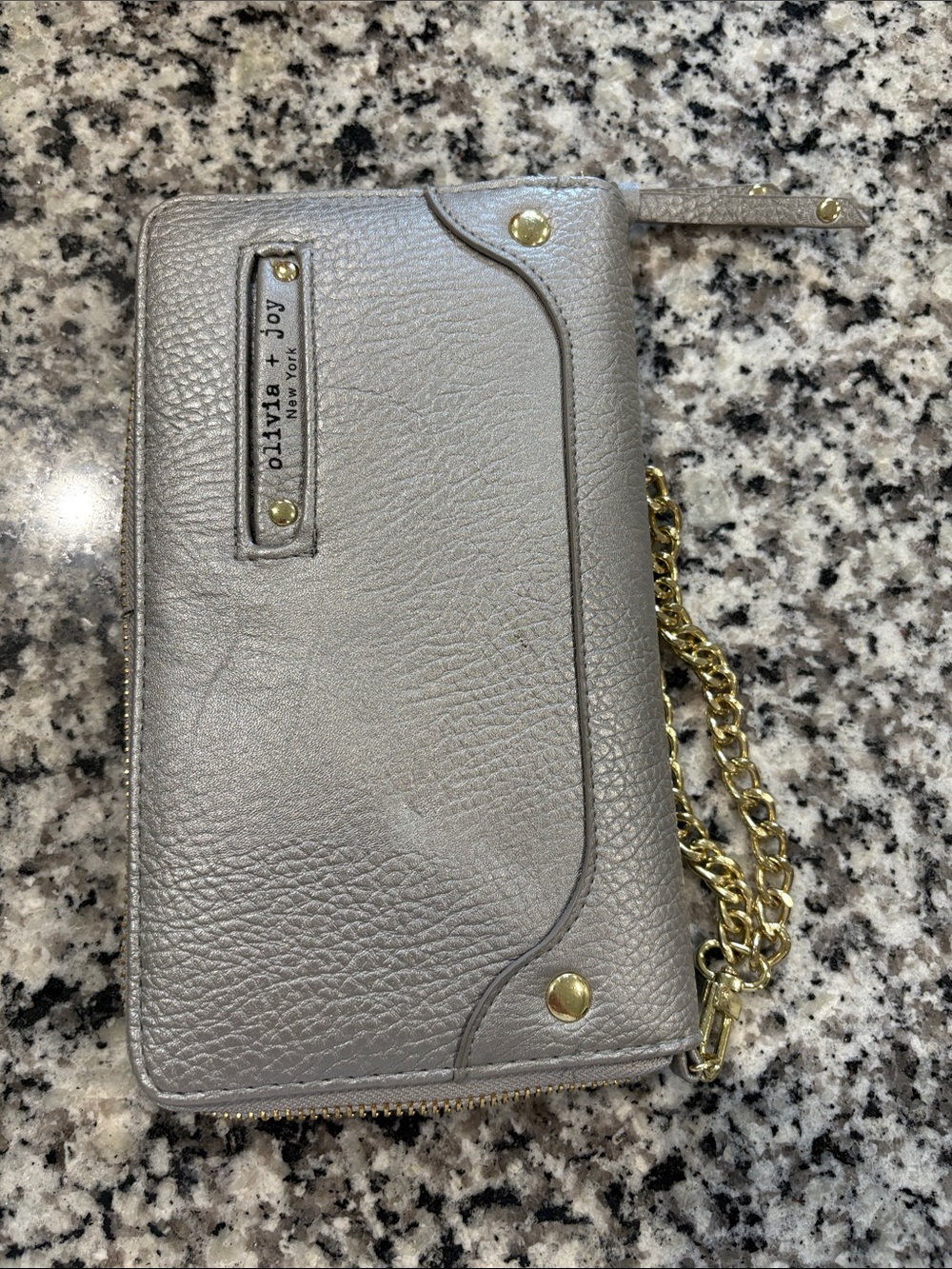 Olivia + Joy Pebbled Gray Leather Wristlet with Gold Chain Strap